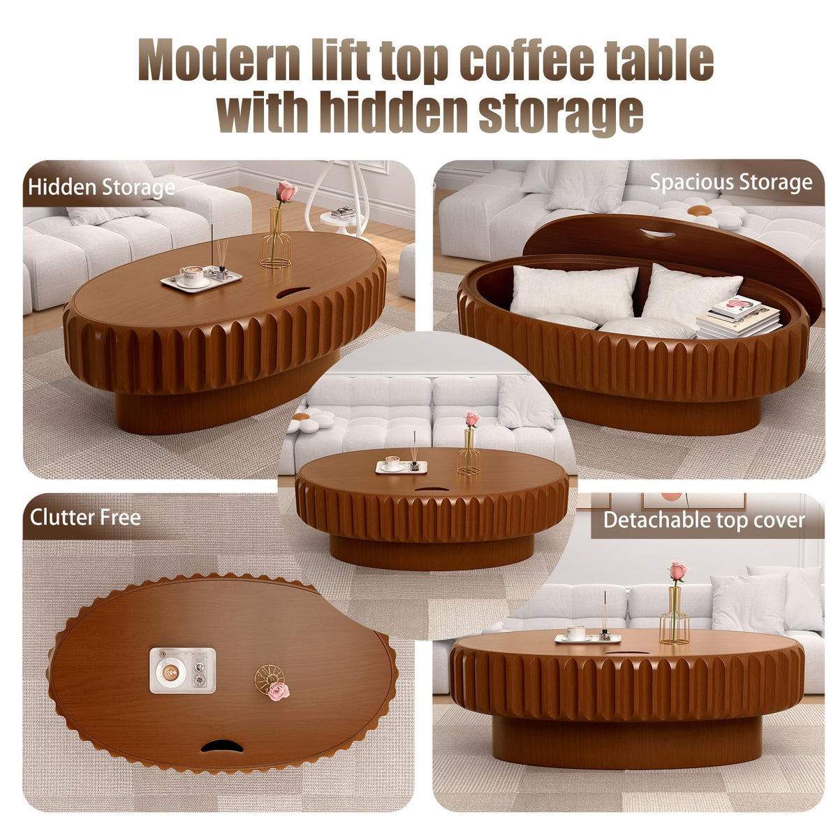 Fluted Drum Solid Wood Coffee Tabler (walnut 100 cm)