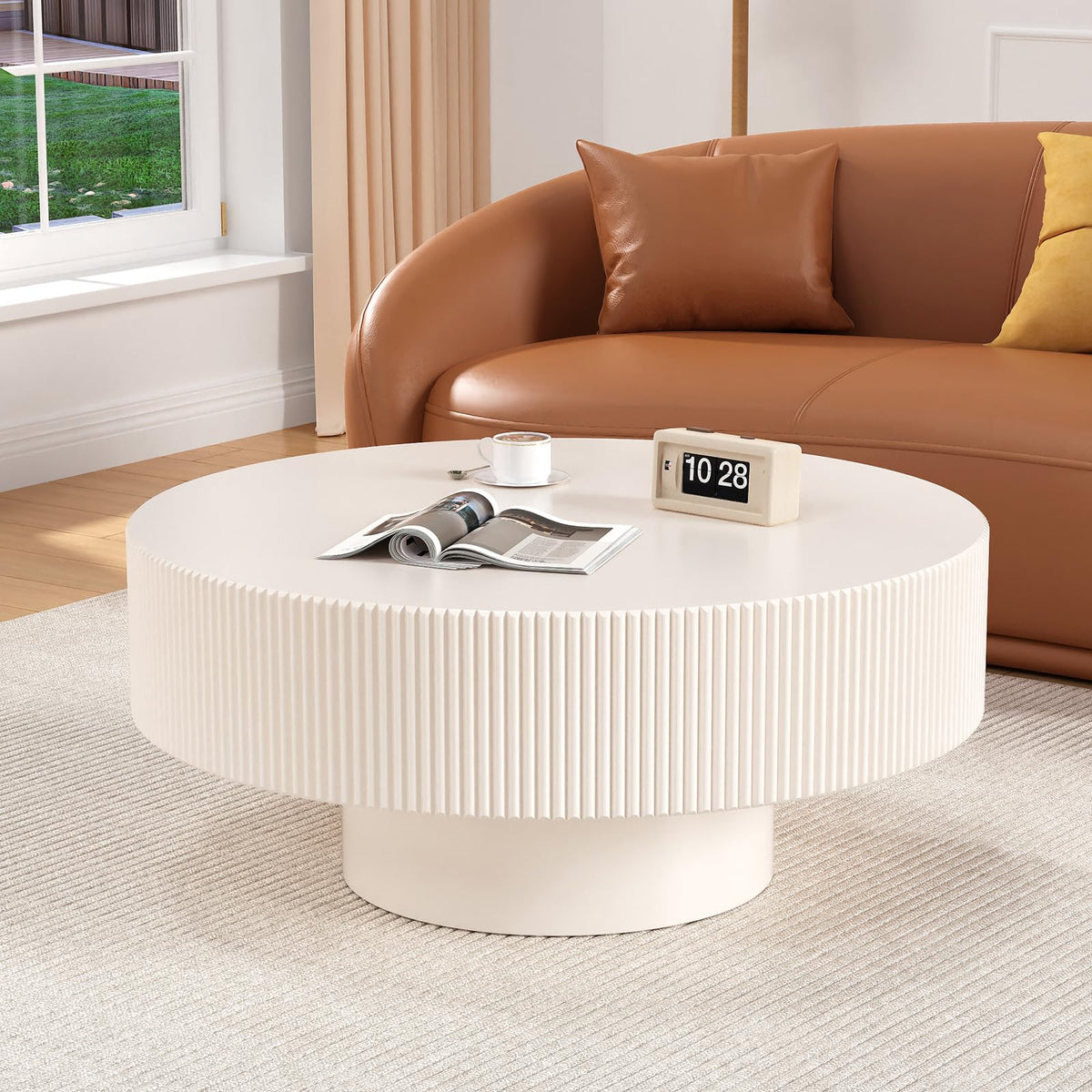 Fluted Drum Solid Wood Coffee Tabler (walnut 100 cm)
