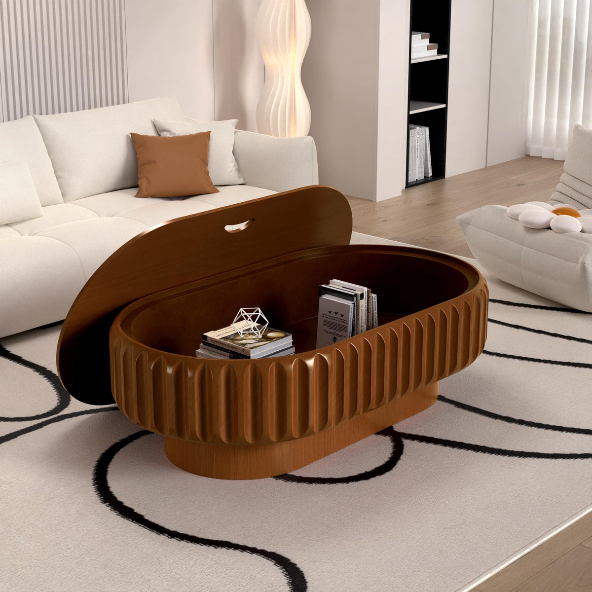 Fluted Drum Solid Wood Coffee Tabler (walnut 100 cm)