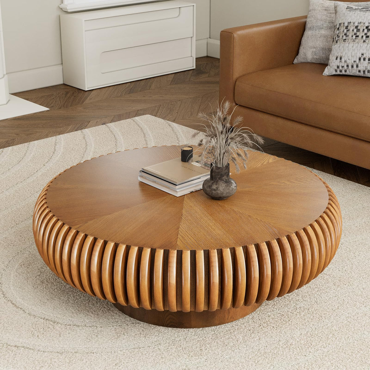 Fluted Drum Solid Wood Coffee Tabler (walnut 100 cm)