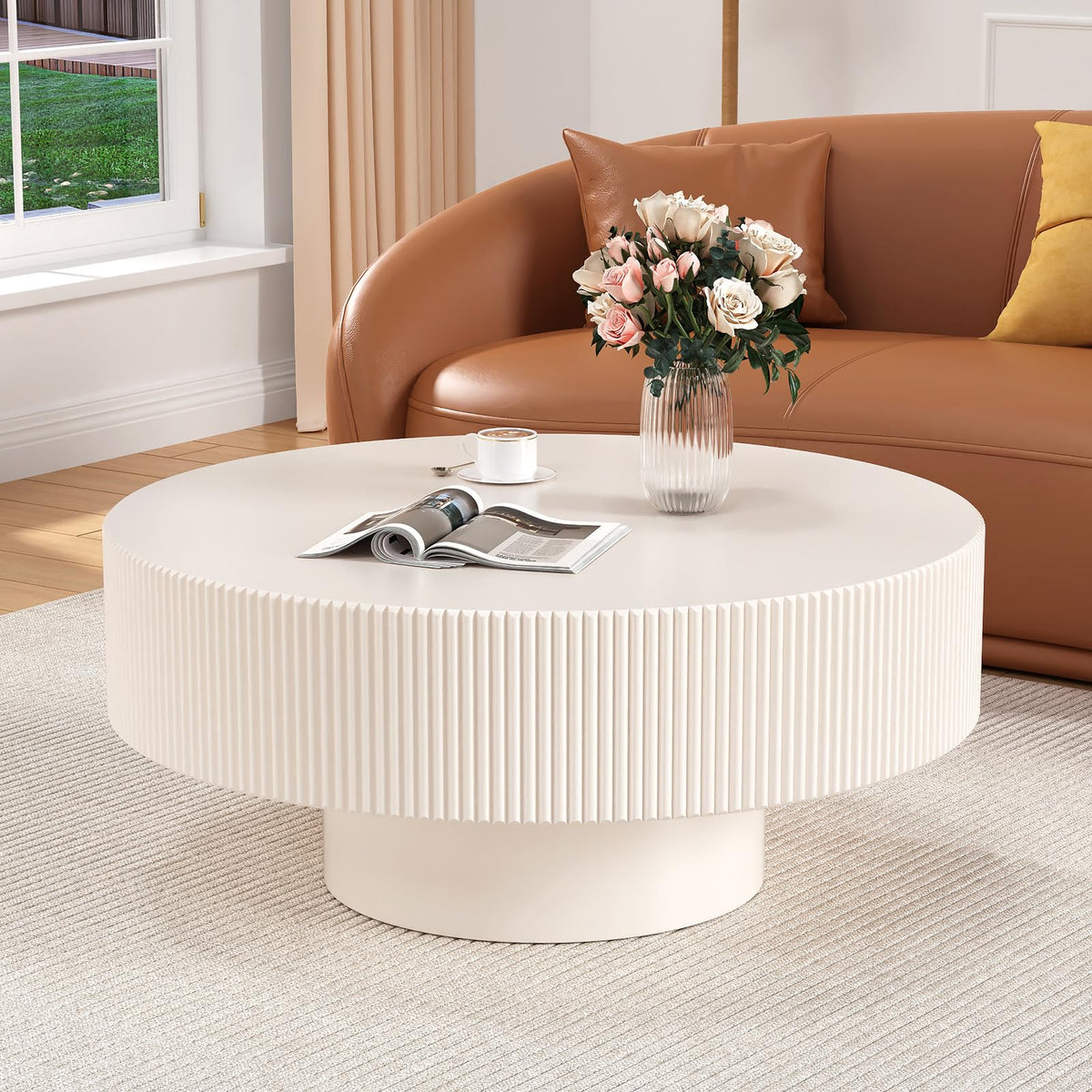 Fluted Drum Solid Wood Coffee Tabler (walnut 100 cm)