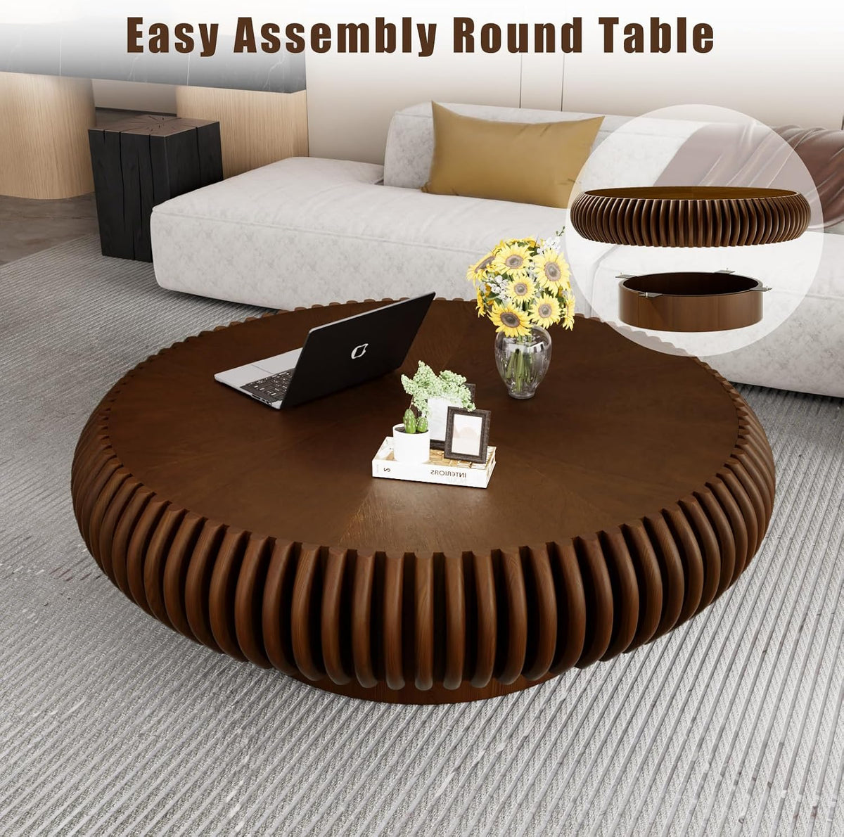 Fluted Drum Solid Wood Coffee Tabler (walnut 100 cm)