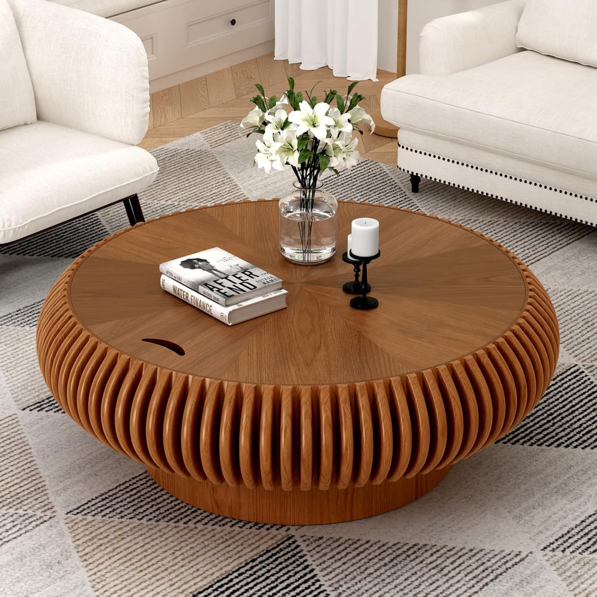 Fluted Drum Solid Wood Coffee Tabler (walnut 100 cm)