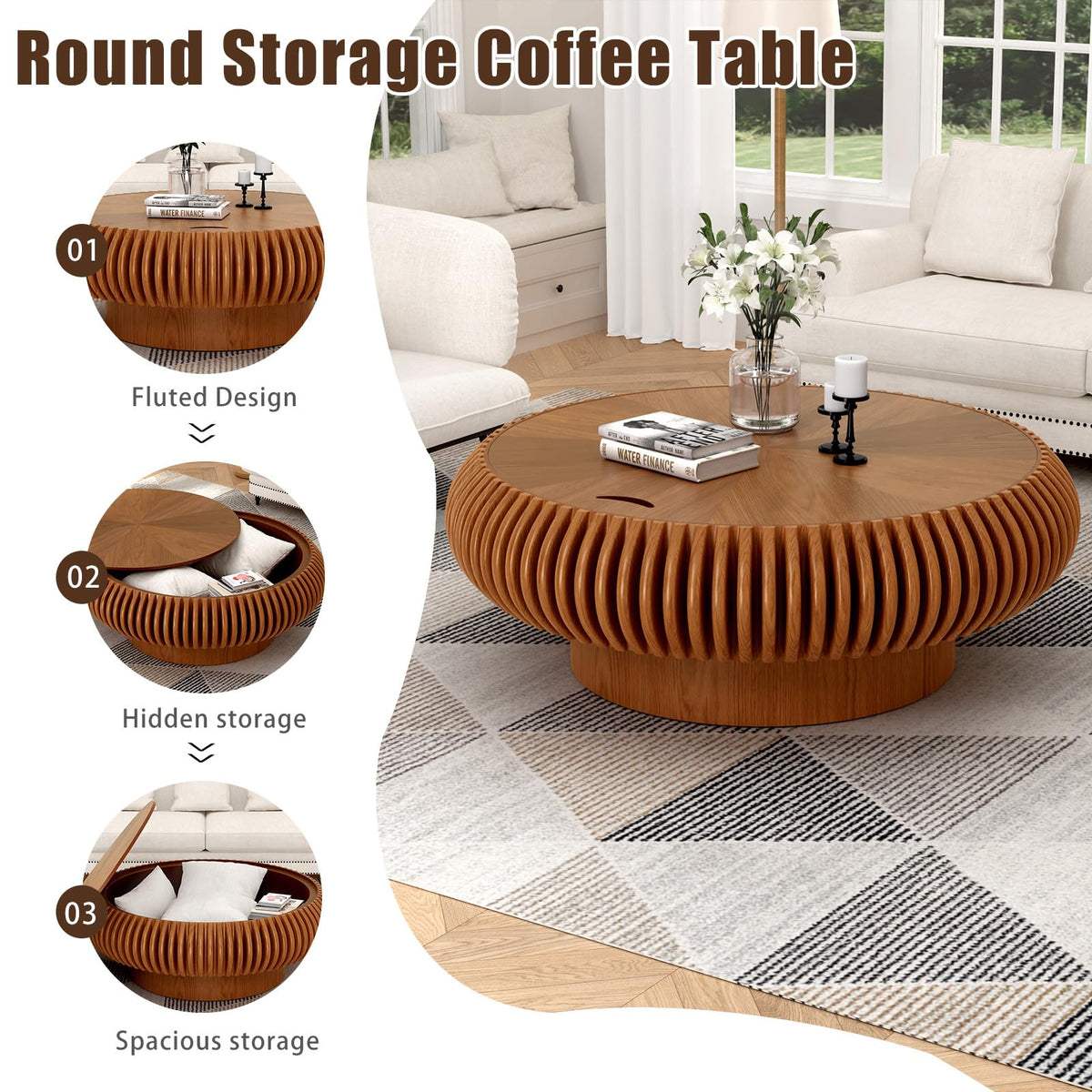 Fluted Drum Solid Wood Coffee Tabler (walnut 100 cm)