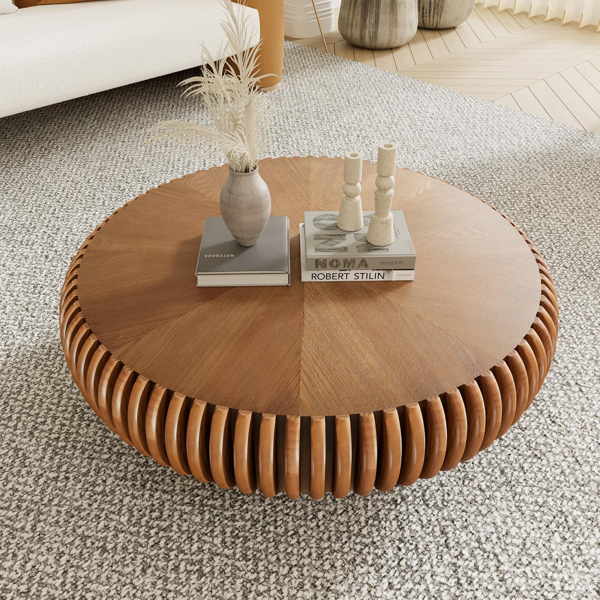 Fluted Drum Solid Wood Coffee Tabler (walnut 100 cm)