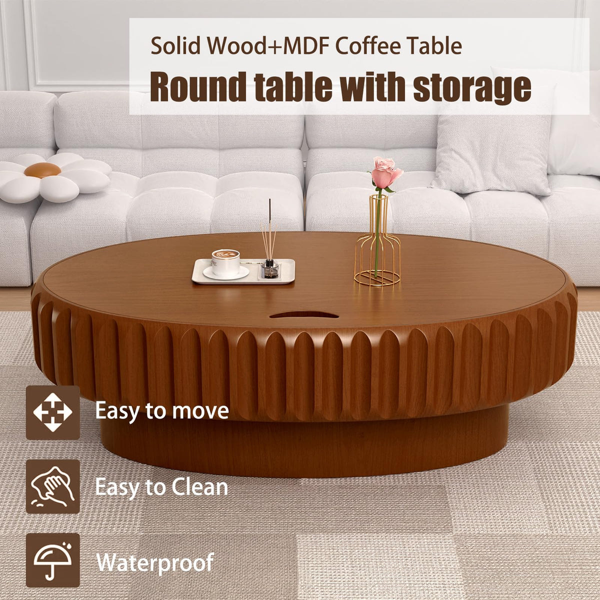 Fluted Drum Solid Wood Coffee Tabler (walnut 100 cm)