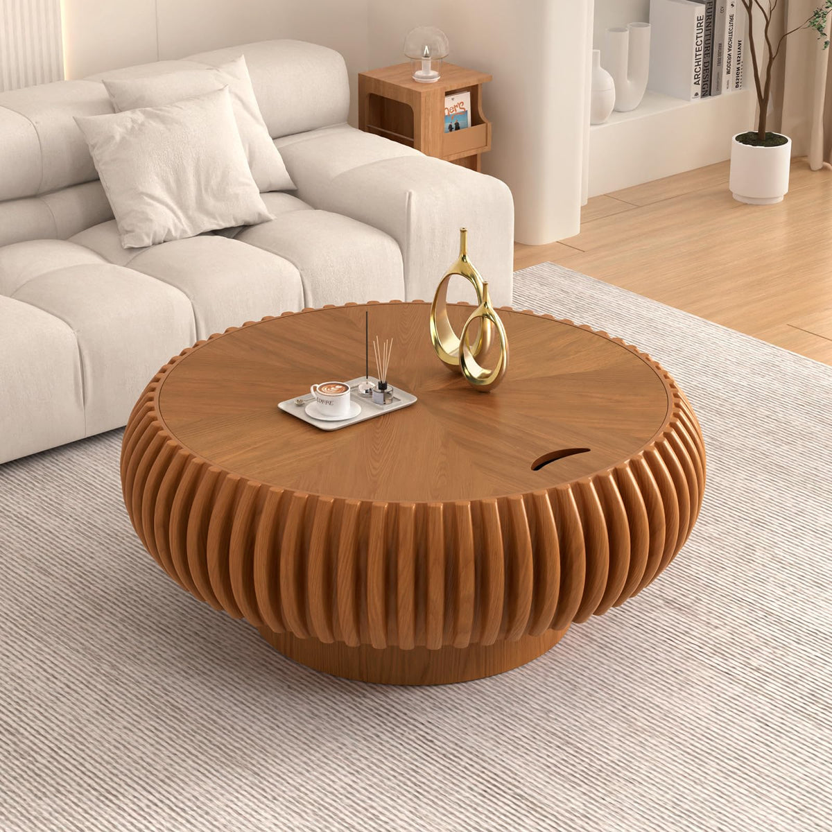Fluted Drum Solid Wood Coffee Tabler (walnut 100 cm)