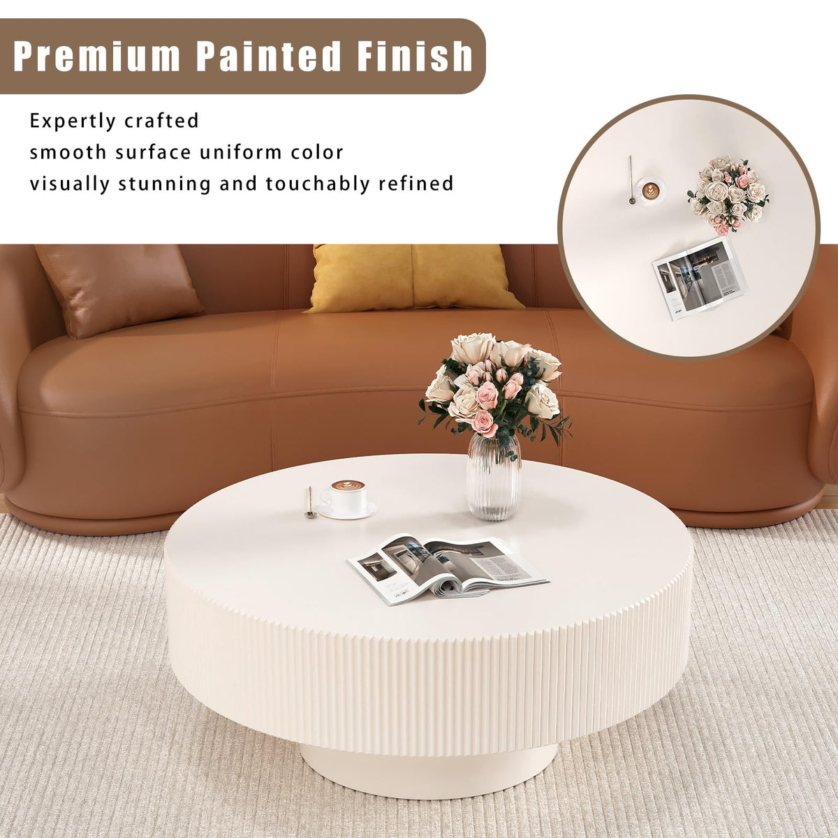 Fluted Drum Solid Wood Coffee Tabler (walnut 100 cm)