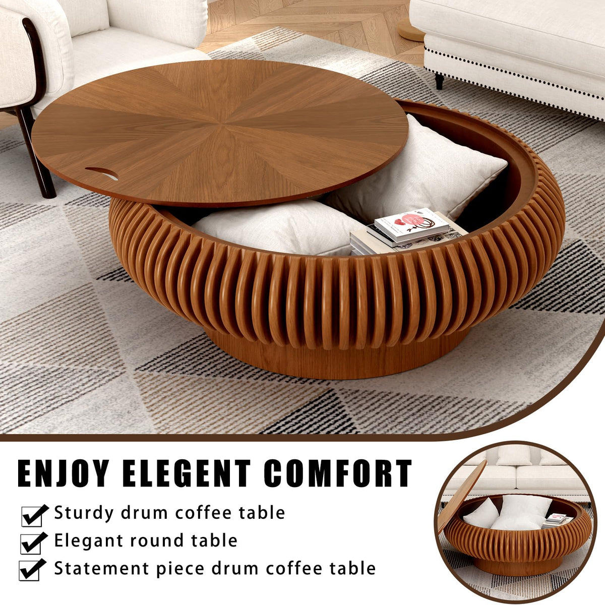 Fluted Drum Solid Wood Coffee Tabler (walnut 100 cm)