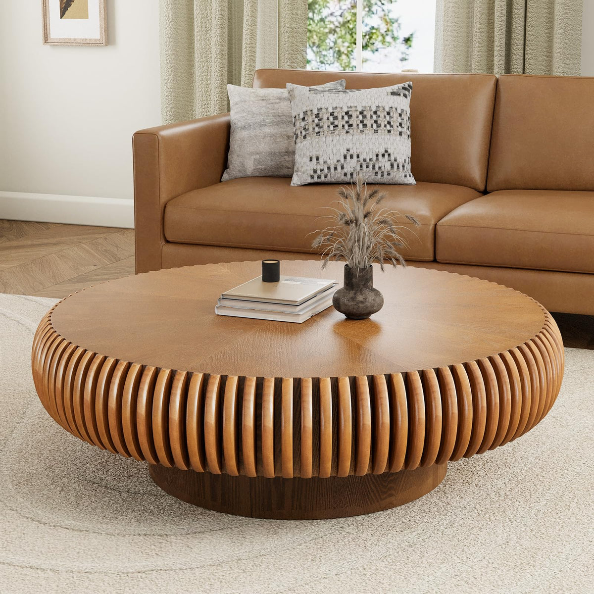 Fluted Drum Solid Wood Coffee Tabler (walnut 100 cm)