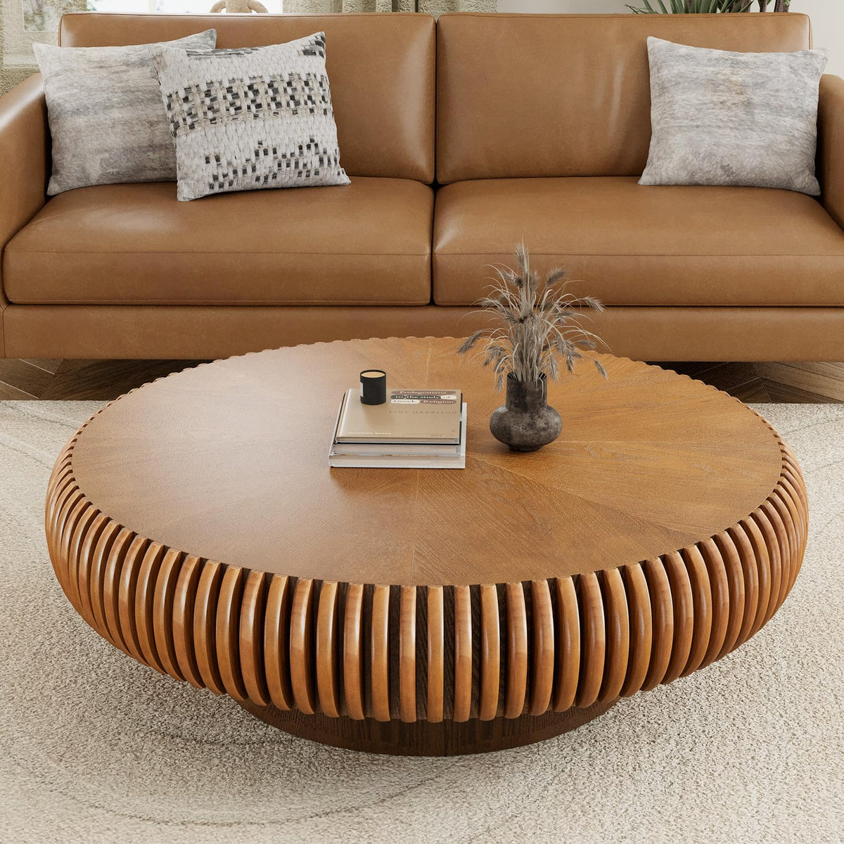 Fluted Drum Solid Wood Coffee Tabler (walnut 100 cm)