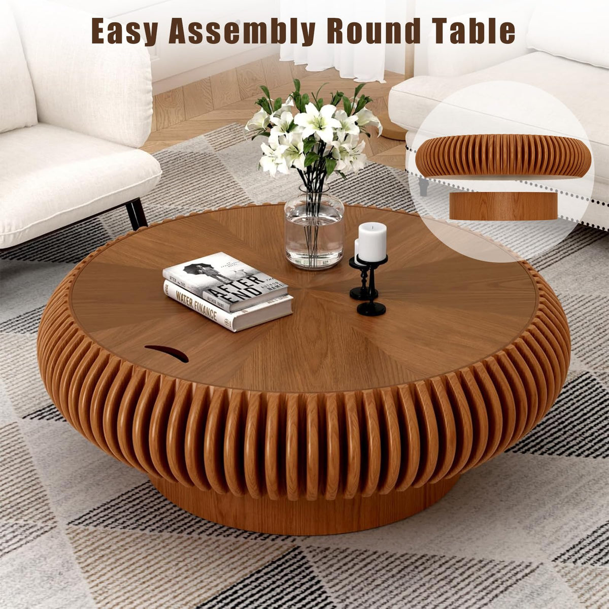 Fluted Drum Solid Wood Coffee Tabler (walnut 100 cm)
