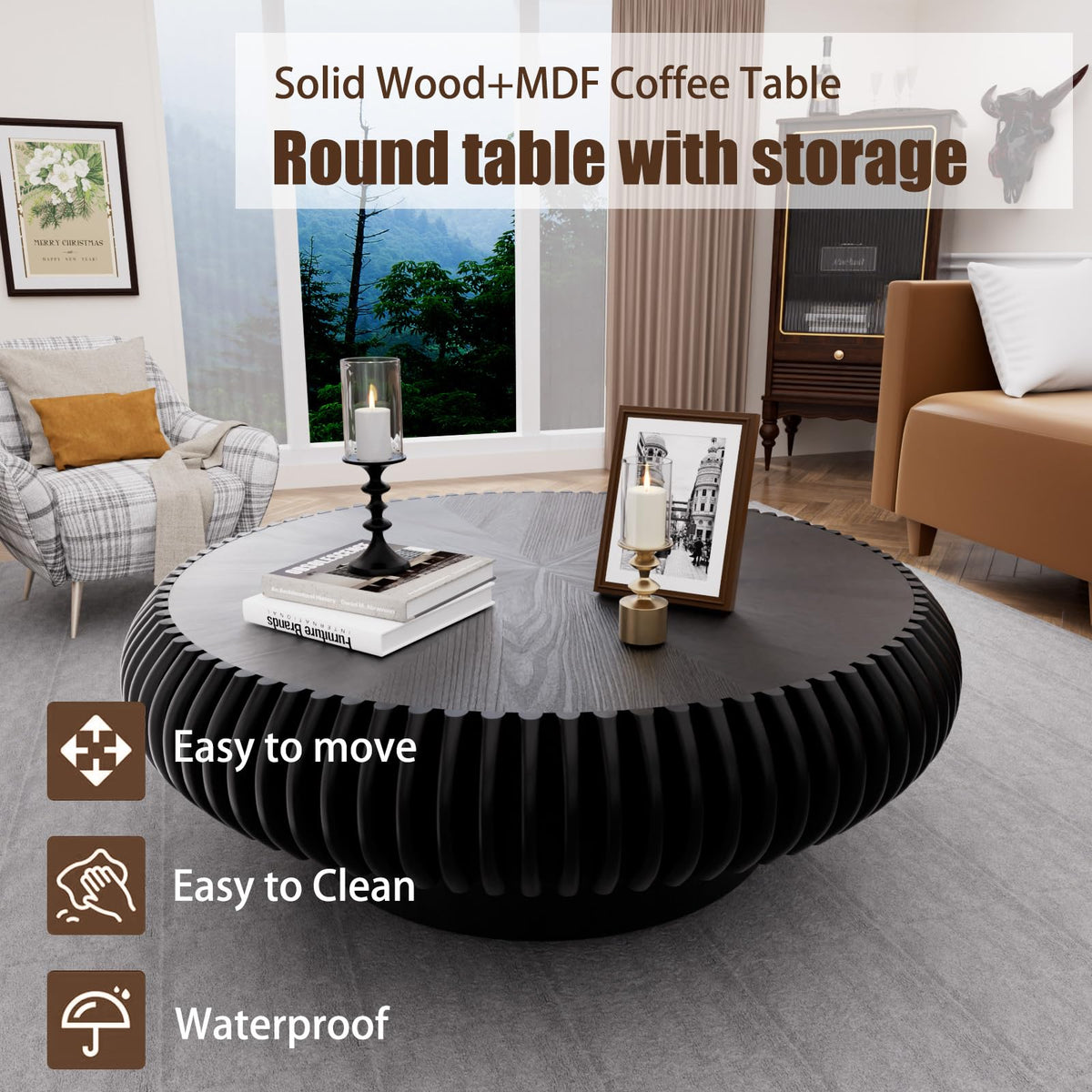 Fluted Drum Solid Wood Coffee Tabler (walnut 100 cm)