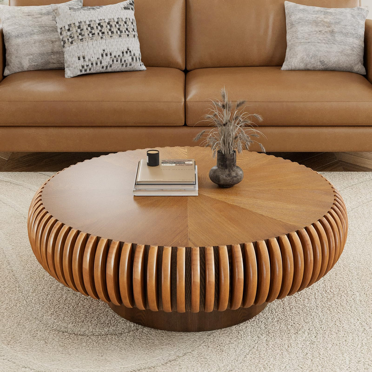 Fluted Drum Solid Wood Coffee Tabler (walnut 100 cm)