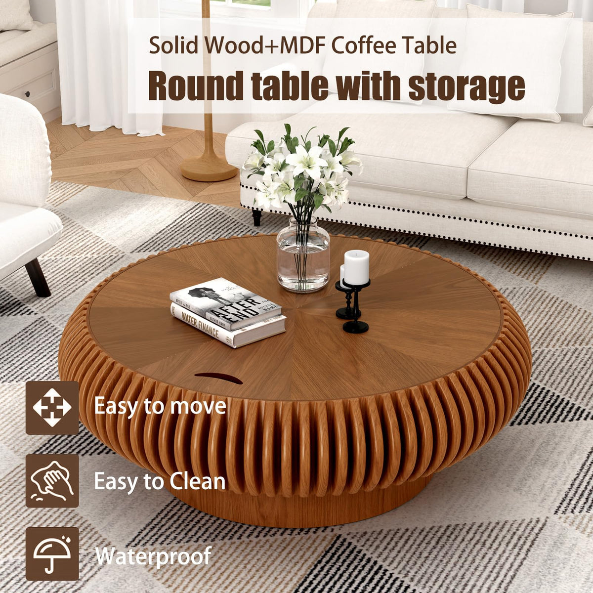 Fluted Drum Solid Wood Coffee Tabler (walnut 100 cm)