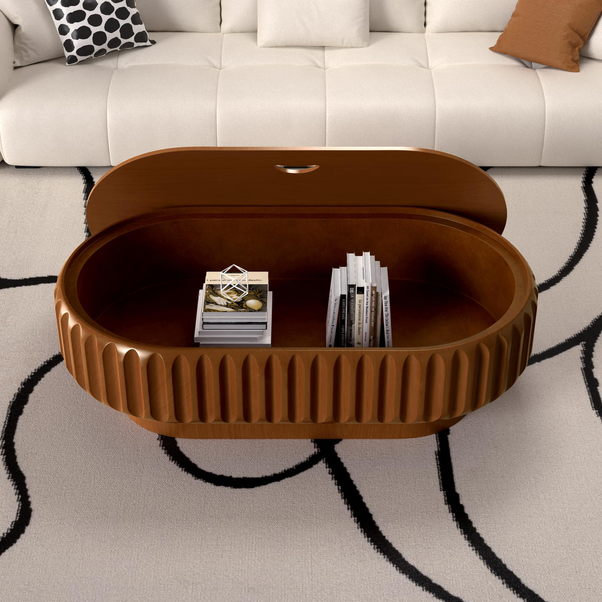 Fluted Drum Solid Wood Coffee Tabler (walnut 100 cm)